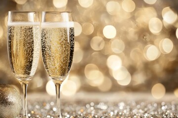Two glasses of champagne for festive cheers with gold bokeh background,copy space, background for celebrations and invitation cards, weddings, new years
