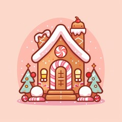 Colorful gingerbread house with festive decorations and snowflakes.