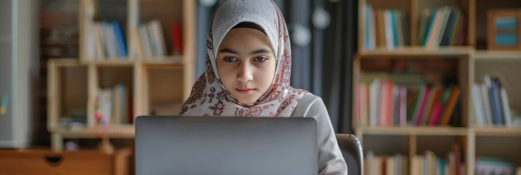 Muslim student girl concentrating on schoolwork on laptop at home