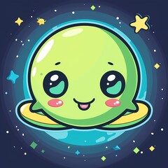 Naklejka premium Cute green alien character floating in space with stars and a colorful background.