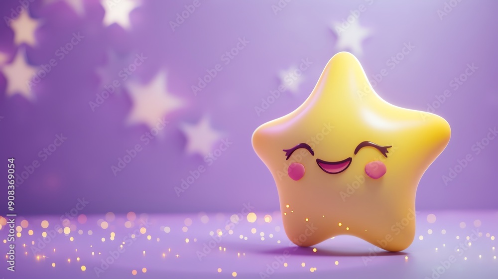 Sticker A cute yellow cartoon star with a happy face against a purple background with sparkling lights.