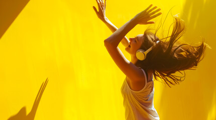 Peaceful expression on a woman's face as she listens to music with wireless headphones