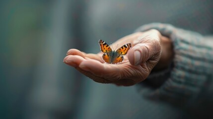 Fototapeta premium A scarred hand cradles a butterfly, symbolizing hope and resilience.