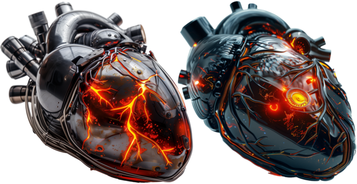 Steel heart machine with red light pulse isolated on transparent background