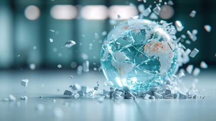 Obraz premium A shattered glass screen with a distorted globe reflection.