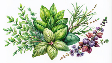 Fototapeta premium Watercolor illustration of various herbs including basil, rosemary, and thyme, surrounded by subtle floral patterns and delicate leaves on a white background.