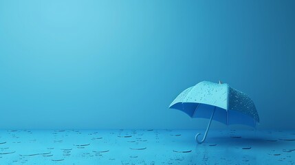 A blue umbrella with water droplets on a blue background.