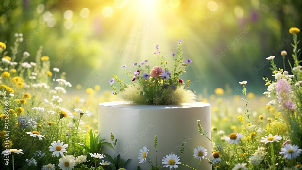 Poster Elegant White Podium with Sunlit Wildflowers  AI generated