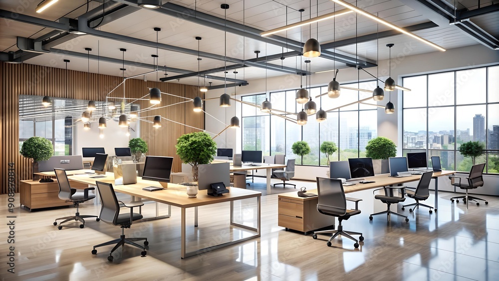 Poster the crystallized hub: an open plan office with geometric shapes and ai integration ai generated