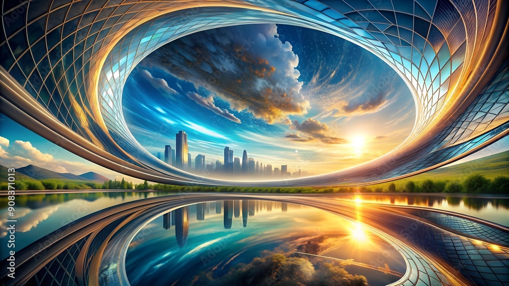Aufkleber digital time warp: a distorted landscape of time and technology, bent and twisted generative ai