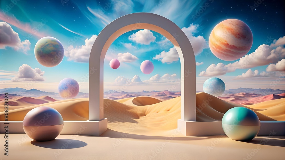 Poster pastel dreamscape with archway podium: a surreal oasis for product display generative ai