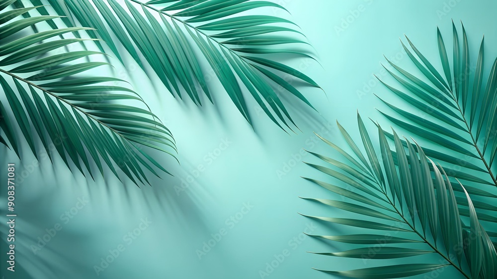 Poster a touch of summer: palm leaf shadows on a light turquoise background generative ai