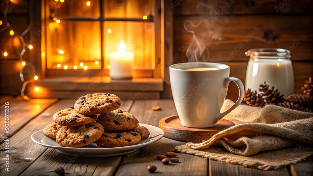 Poster a symphony of warmth: milk and cookies in a cozy cottage setting generative ai