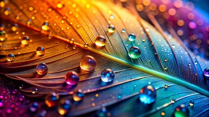 A Symphony of Colors: A Vibrant Feather Adorned with Dewdrops  AI generated