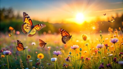 Golden Hour Butterflies: A Symphony of Color in a Wildflower Meadow  AI Generated