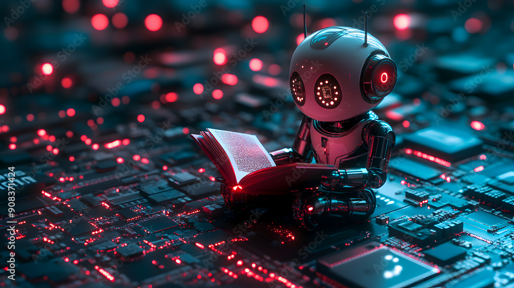 Poster a robotic arm positioned on a glowing intricate circuit board surrounded by a vibrant futuristic dig