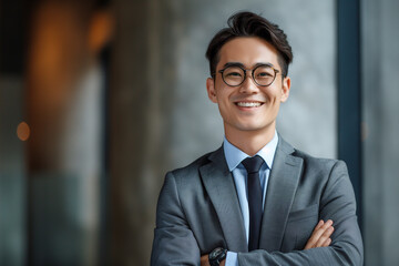 happy young and handsome asian business man in a suit smiling 