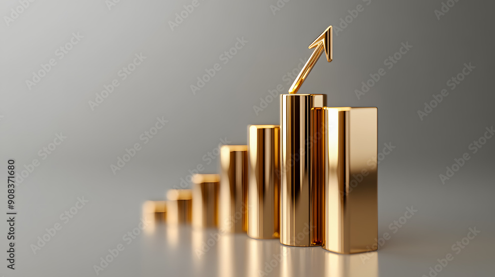 Poster upward trending financial growth graph with golden arrow pointing up representing successful busines