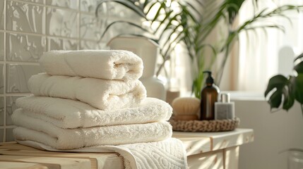 A stack of white towels on a wooden counter with toiletries and plants in the background.