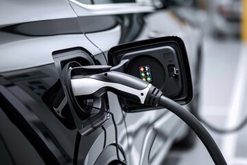 Close-up view of an electric vehicle charging at a station, highlighting the modern and sustainable transportation technology.