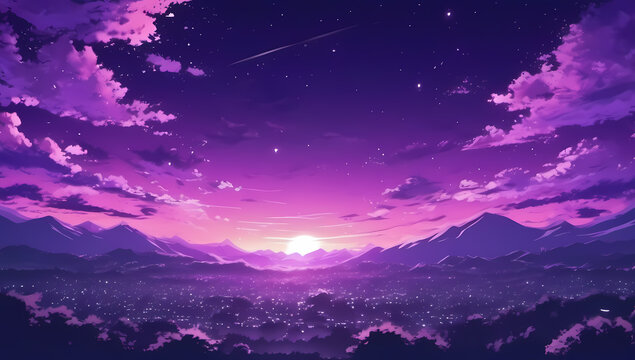 Fototapeta purple anime fantasy night sky moon stars space wallpaper background room for copy