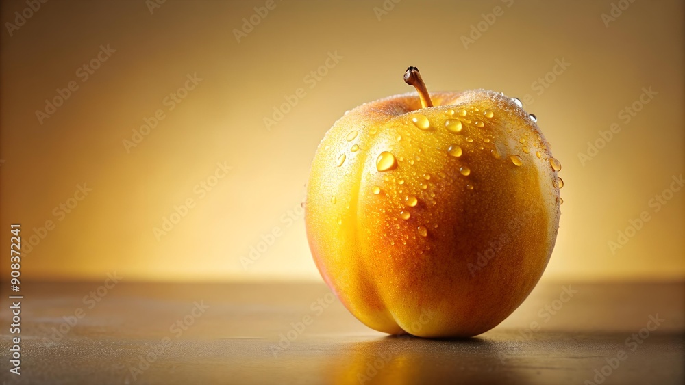 Poster golden peach with a single drop of dew: a moment of serenity generative ai