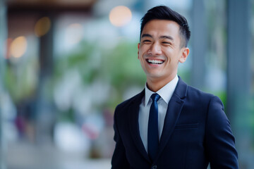 happy young asian business man in a suit