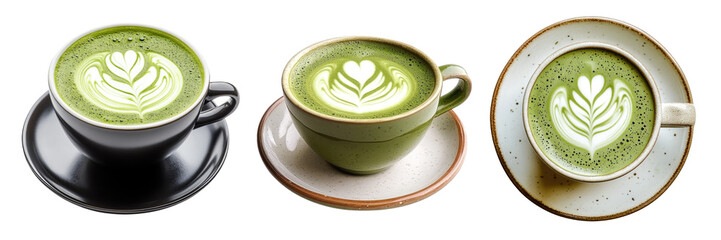 cup of green matcha latte on a transparent background
