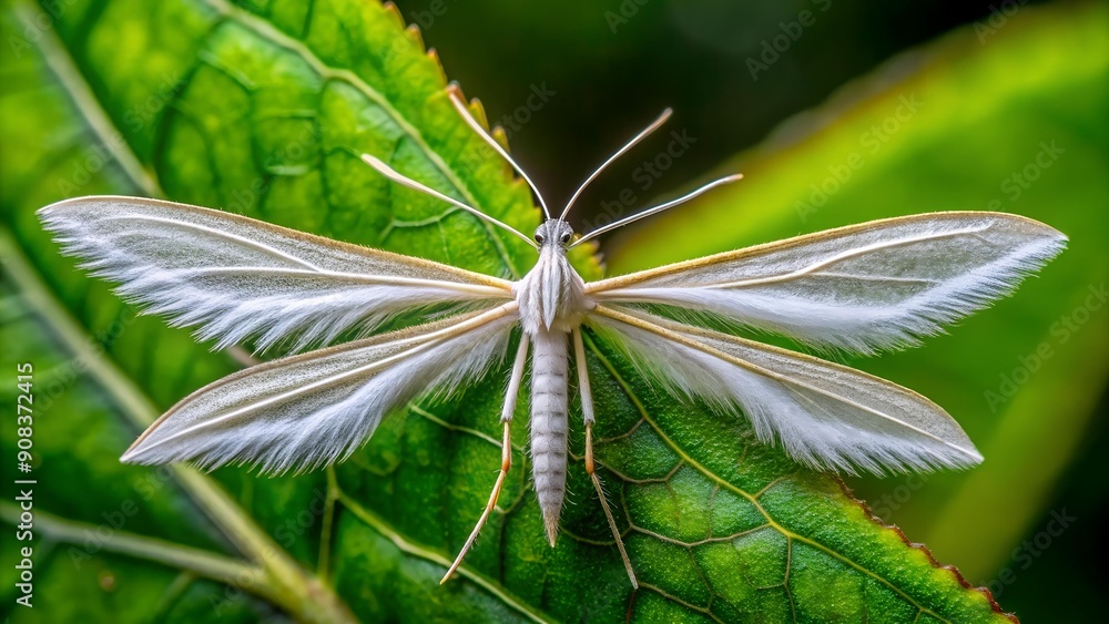 Poster ephemeral elegance: a macro view of a plume moth resting on a leaf generative ai