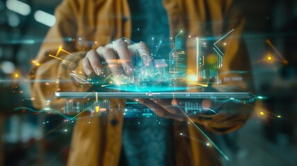 Person using a tablet with a futuristic city and data overlay.