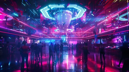 Obraz premium A futuristic nightclub with neon lights and people dancing.