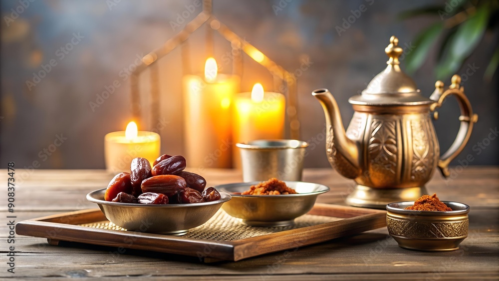 Poster aromatic dates and tea: a ramadan table setting generative ai