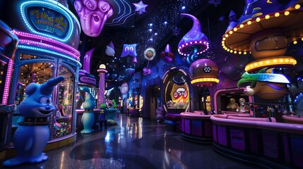 An indoor amusement park with colorful decorations, carnival games, and rides.