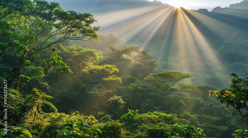 Poster sunlight beams through the trees in a forest.