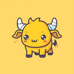 Fototapeta premium Cute cartoon yellow bull with big eyes and playful expression on yellow background.