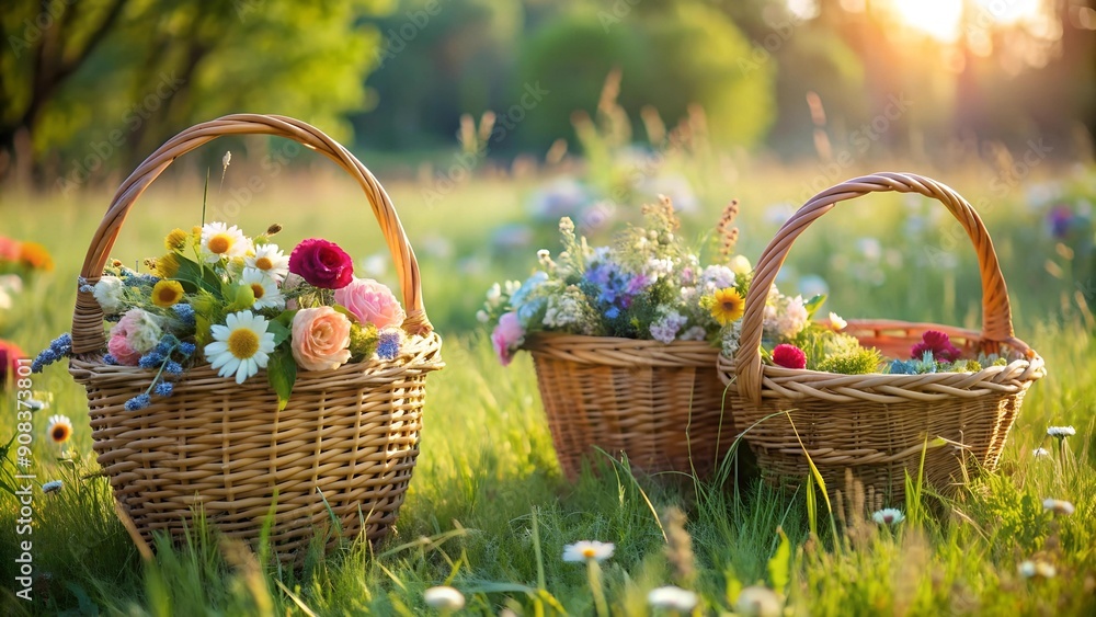 Poster Rustic Elegance: A Collection of Handwoven Wicker Baskets Against a Serene Meadow  AI Generated