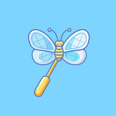 Colorful cartoon butterfly on a blue background with a whimsical design.