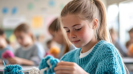 Learning the Art of Knitting: Student Practicing in Crafts Class