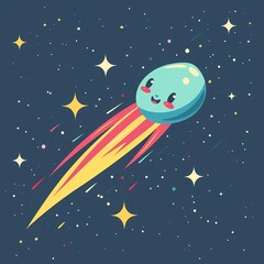 Cute cartoon comet with a smile flying through a starry space background.