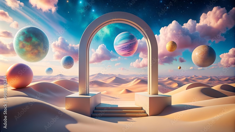 Poster pastel dreamscape with archway podium: a surreal oasis for product display generative ai