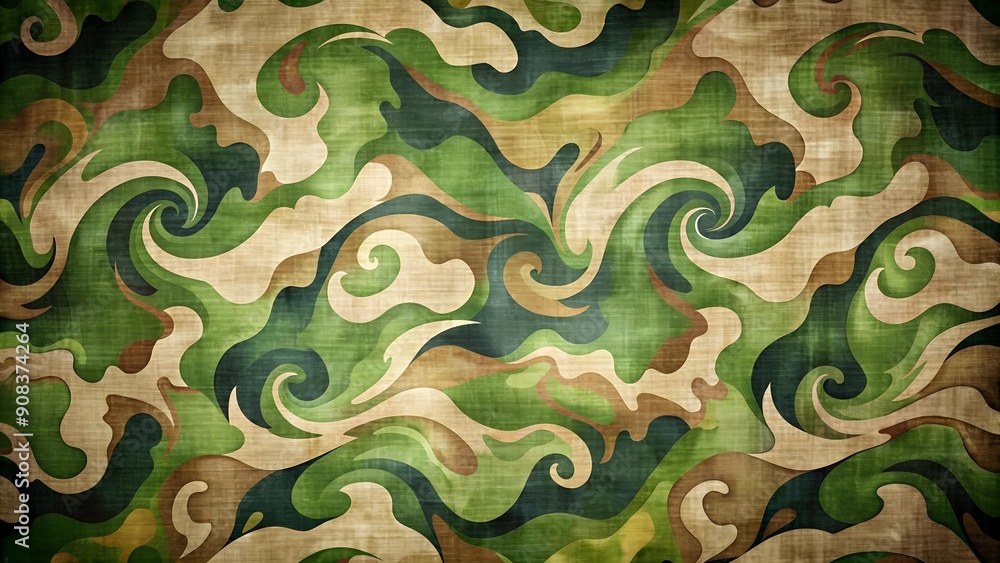 Poster abstract camouflage: green and khaki swirls on a distressed canvas ai generated