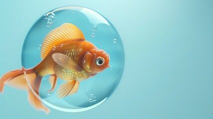 A goldfish swimming in a round, transparent container against a blue background.