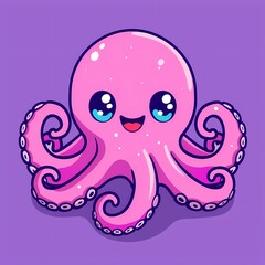 Fototapeta premium Cute pink cartoon octopus with big eyes on a purple background.