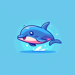 Cheerful cartoon dolphin jumping in a vibrant blue ocean.