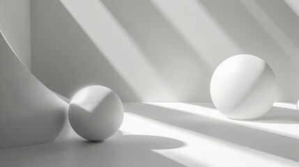 Minimalist white spheres on a white surface with shadows.