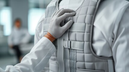 Close-up of a technician adjusting the vest of a protective suit, highlighting safety and precision in a professional setting.