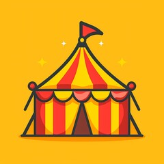 Colorful circus tent with red and yellow stripes on a bright background.