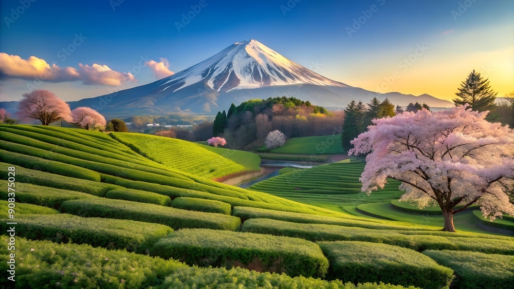 Canvas Prints Mount Fuji and the Sea of Green Tea: A Tranquil Spring Landscape  AI Generated