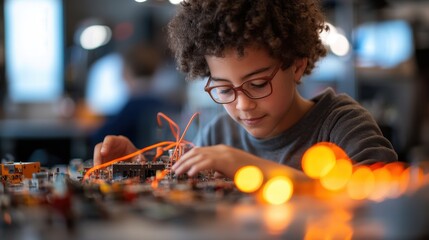 STEM Education: Middle School Student Engaged in Circuit Building in Makerspace