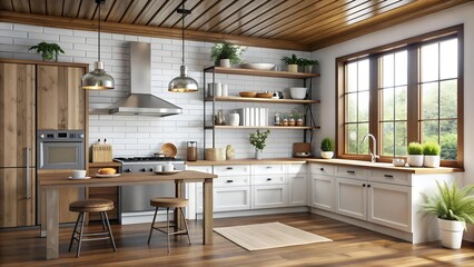 Farmhouse Kitchen with a Contemporary Feel: A Mockup Poster Frame with a Metal and Wood Frame  AI Generated